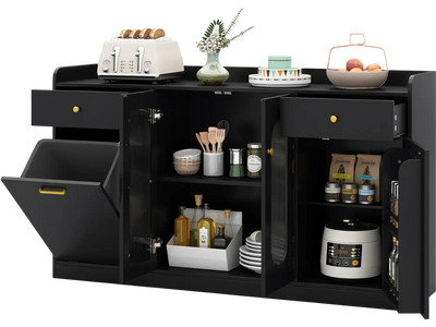 Costway Large Buffet Cabinet Hidden Tilt-Out Trash Can 2 Glass Doors 99958206 New