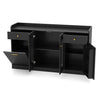 Large black buffet cabinet with hidden tilt-out trash can, featuring two glass doors and ample storage space.
