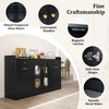 Large black buffet cabinet with fluted glass doors, convenient handles, and hidden tilt-out trash can feature.