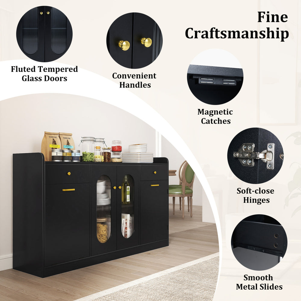 Large black buffet cabinet with fluted glass doors, convenient handles, and hidden tilt-out trash can feature.