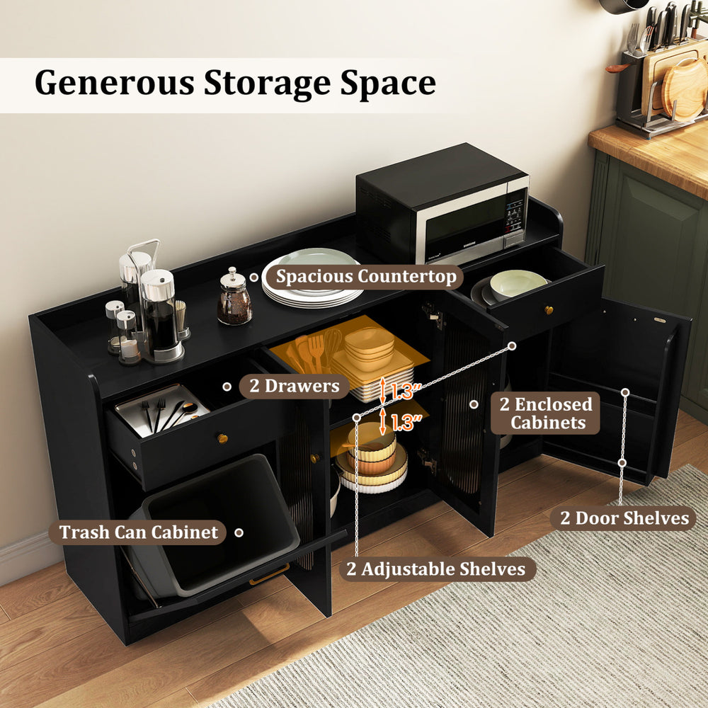 Large black buffet cabinet featuring a spacious countertop, two drawers, and two enclosed cabinets for ample storage.