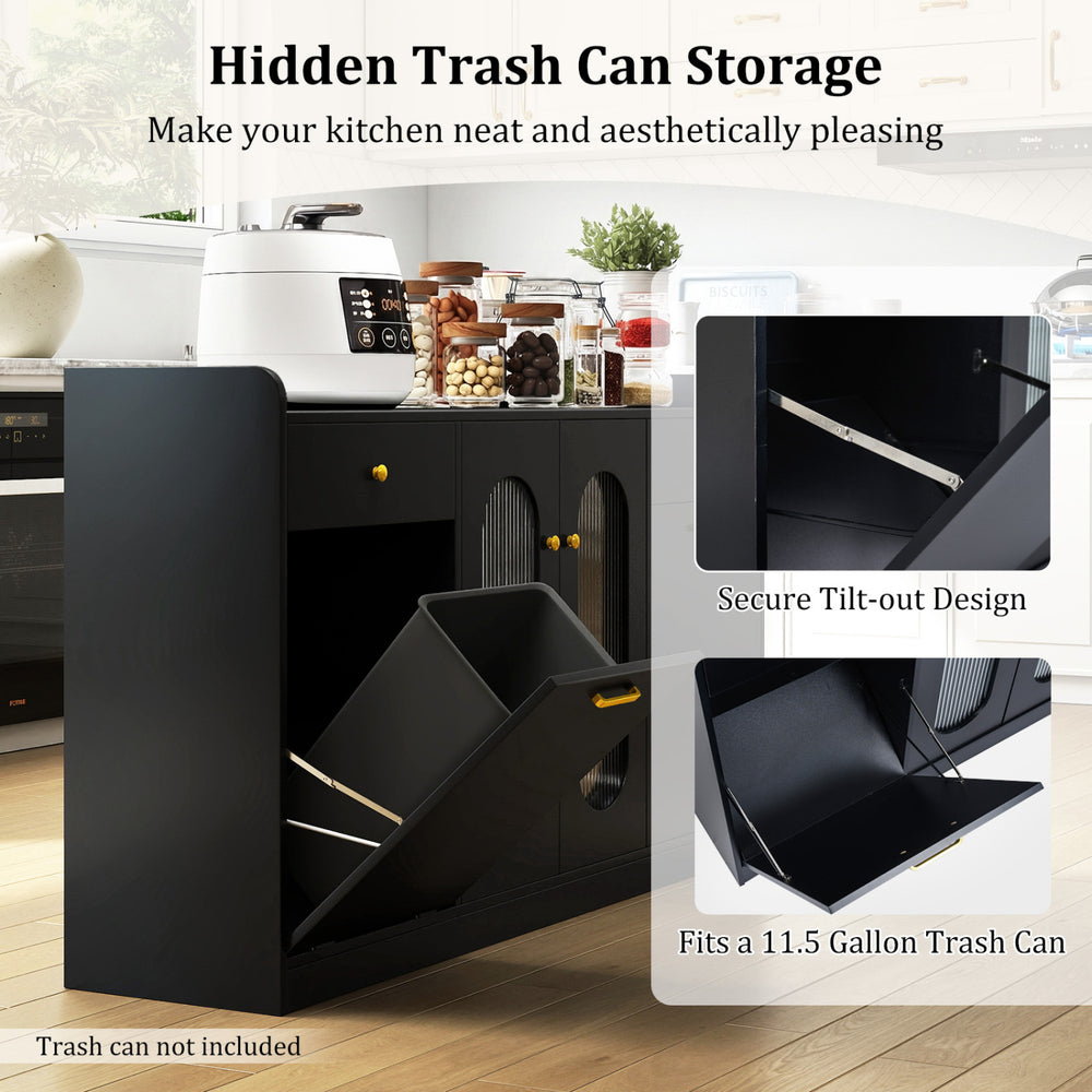 Large black buffet cabinet with tilt-out trash can storage, featuring two glass doors for a sleek kitchen design.