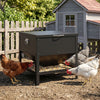 Large capacity black chicken feeding box with openable lid, galvanized metal for outdoor use, ideal for poultry feeding.