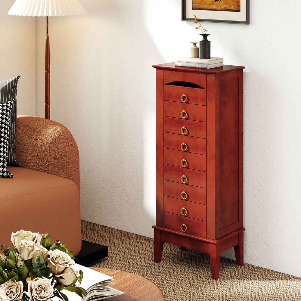 Large capacity jewelry storage cabinet with 9 drawers and two door shelves for extra storage of larger items.