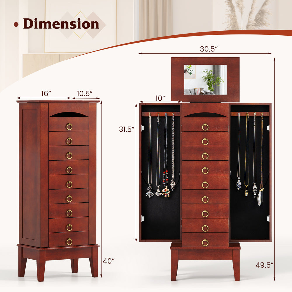 Large capacity jewelry storage cabinet with 9 drawers, flip top mirror, and necklace hooks for organized jewelry.