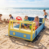 Large car-themed sandbox in blue with fir wood frame, perfect for imaginative play at the beach for kids.