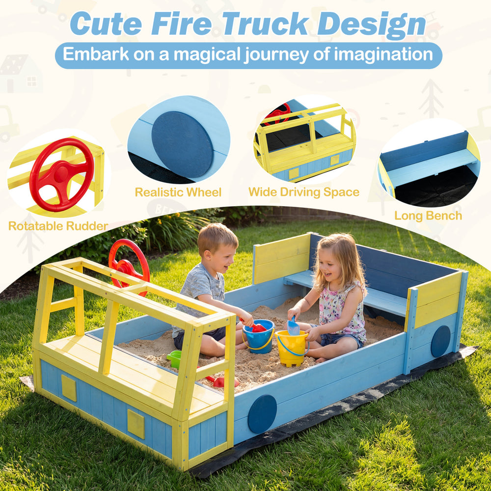 Large car-theme sandbox with fir wood frame, featuring a rotatable rudder and wide driving space for imaginative play.