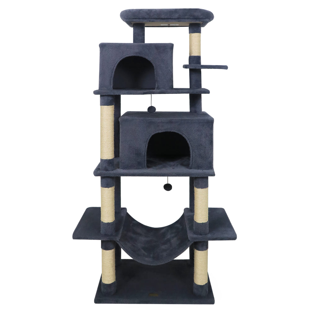 Large dark gray cat tree with multi-level platforms, dual condos, and scratching posts for indoor cats.