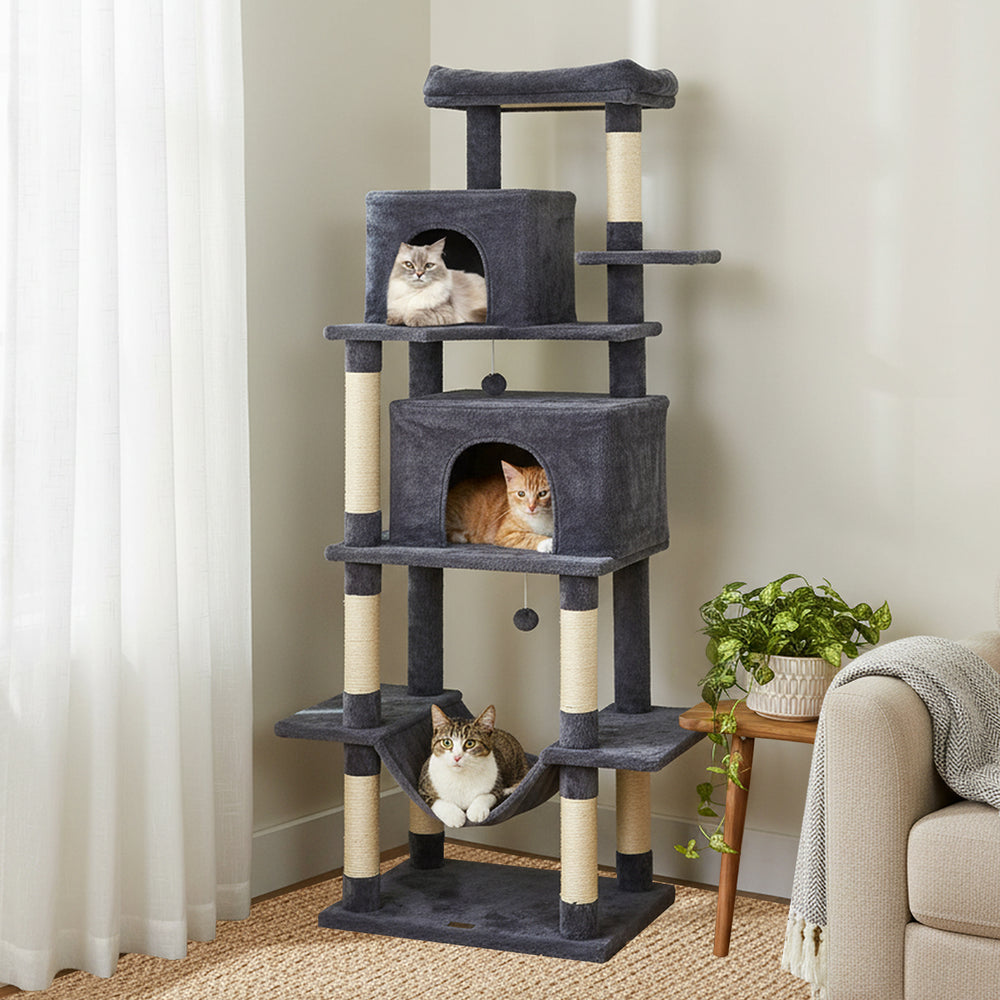 Large dark gray cat tree with multi-level platforms, condos, and scratching posts for indoor cats. Ideal for multi-cat.