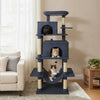 Large dark gray cat tree with three cats, featuring multiple platforms, condos, and scratching posts for indoor play.