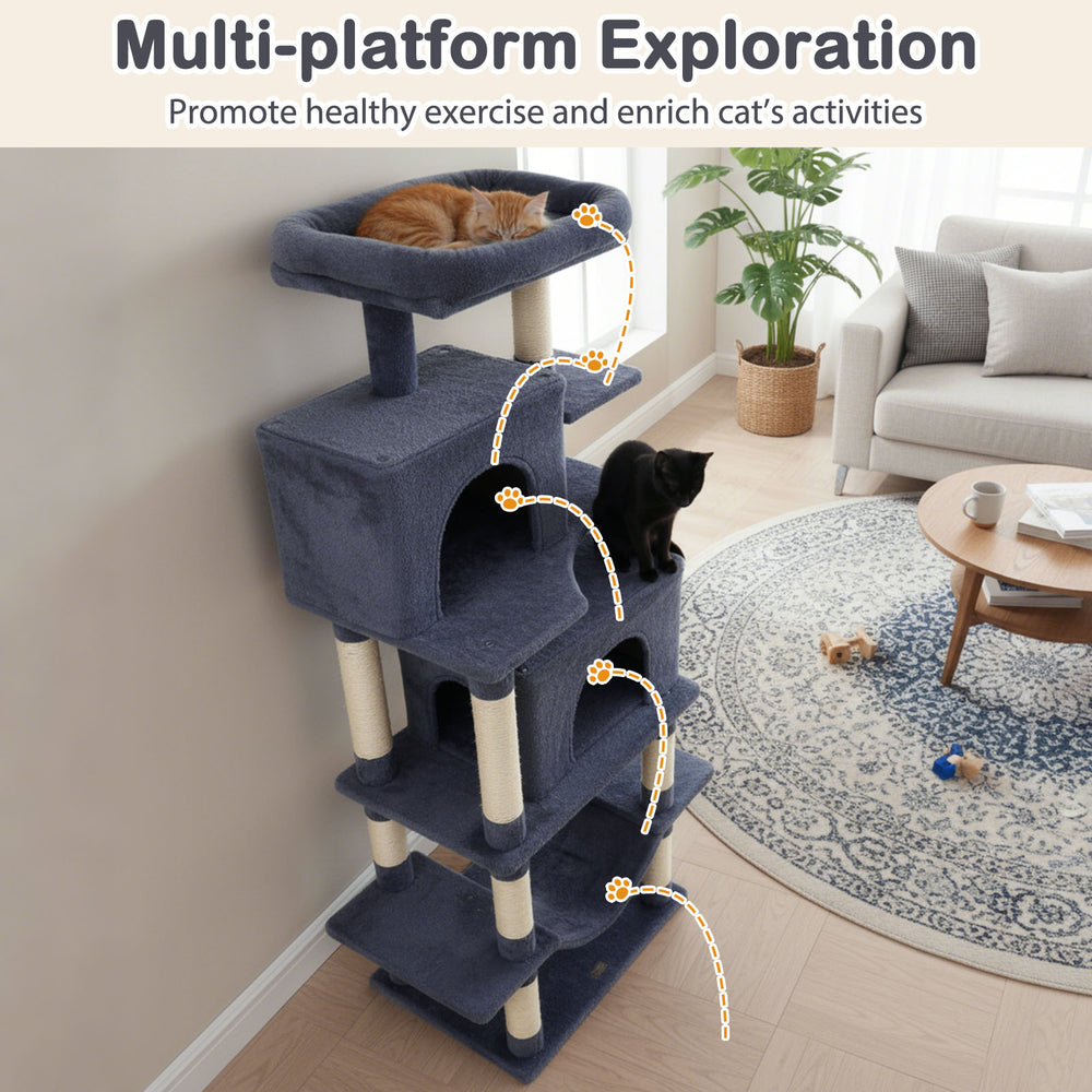 Large dark gray cat tree with multi-level platforms, condos, and scratching posts for indoor cats' exercise and play.