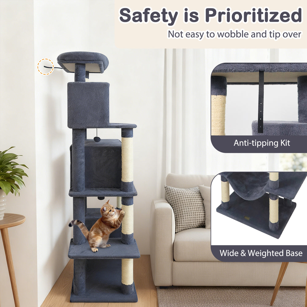 Large 70" dark gray cat tree with multi-level platforms, dual condos, and scratching posts for indoor cats.