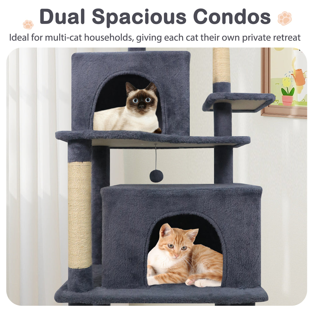 Large cat tree with dual spacious condos in dark gray, perfect for multi-cat households to provide private retreats.