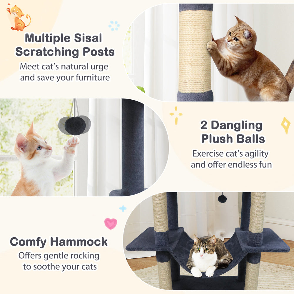 Large cat tree with multiple scratching posts, comfy hammock, and dangling balls for indoor cats' fun and exercise.