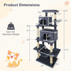 Large cat tree dimensions showing 70" tall dark gray tower with multi-level platforms and dual condos for indoor cats.