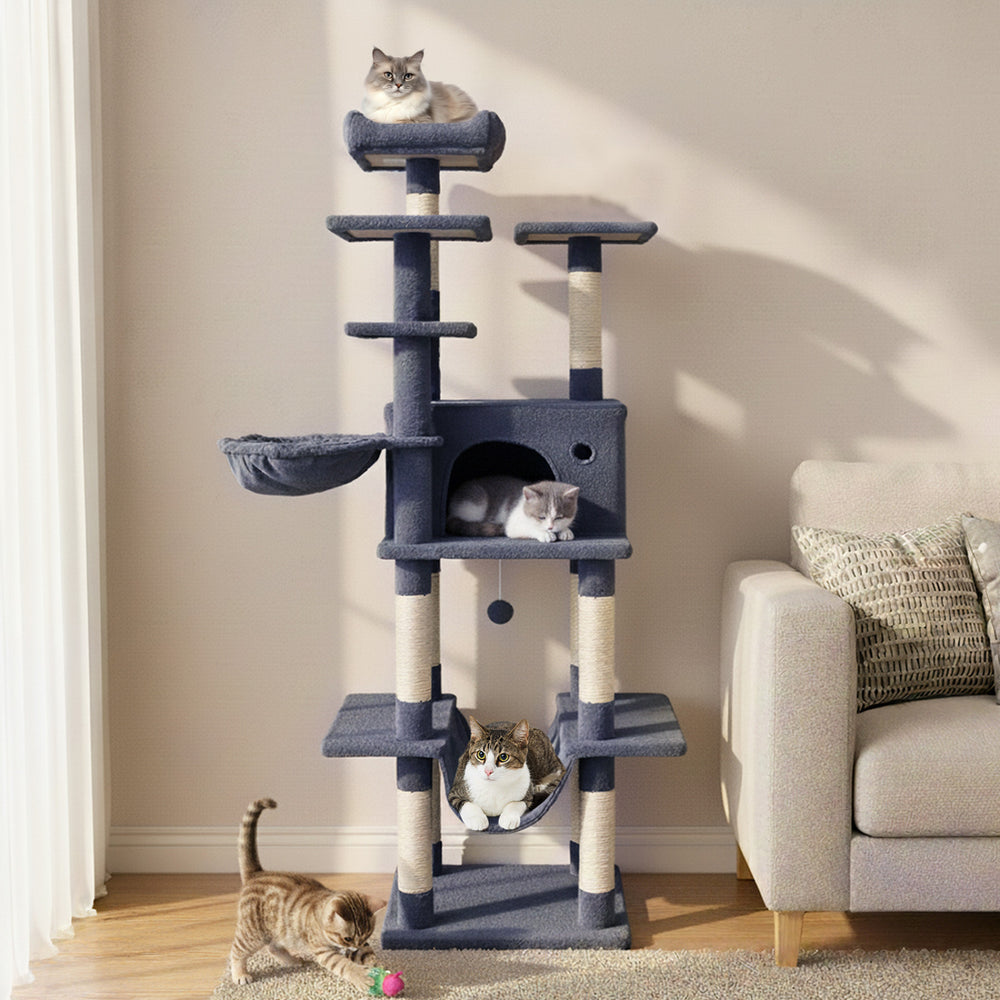 Large dark gray cat tree with multiple levels, cozy hammock, and scratching posts for indoor cats to play and relax.