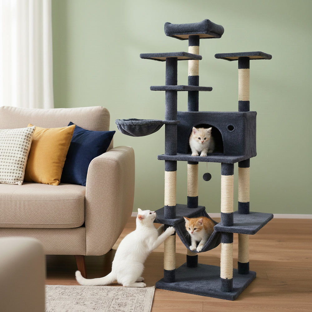 Large dark gray cat tree with multi-level perches, hammock, and scratching posts for indoor cats' play and relaxation.