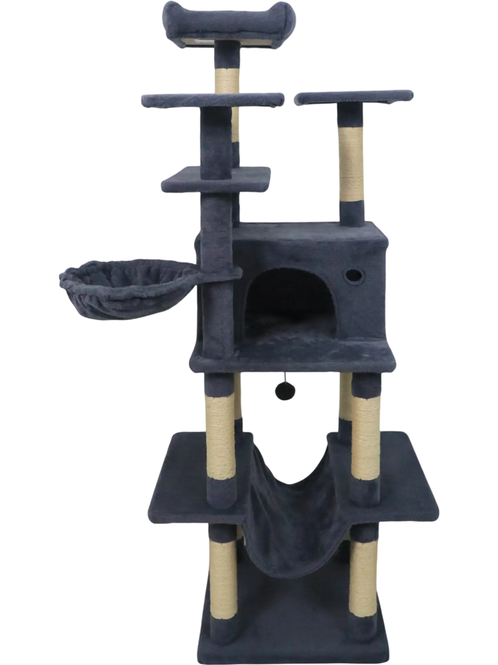 Large dark gray cat tree with multi-level perches, cozy hammock, and sisal scratching posts for indoor cats.
