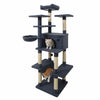 Multi-level 63" tall dark gray cat tree with plush fabric, scratching posts, and cozy hammock for indoor cats.