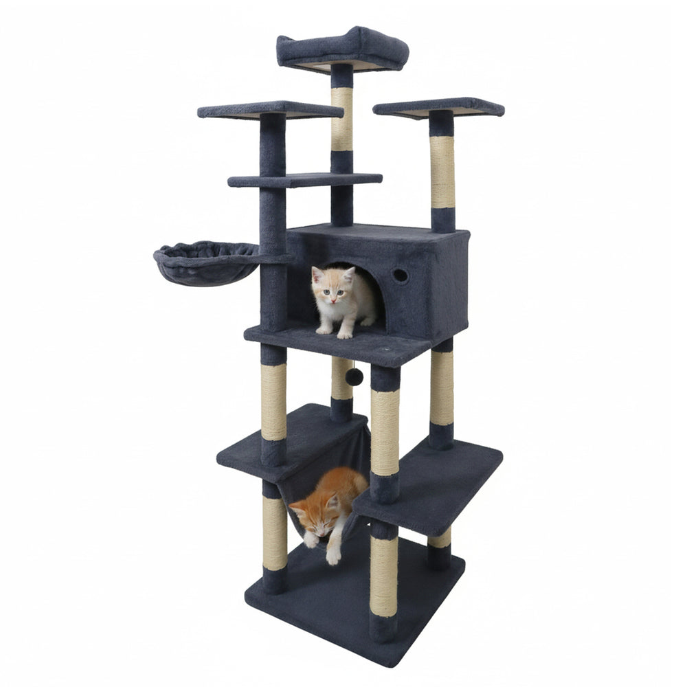 Multi-level 63" tall dark gray cat tree with plush fabric, scratching posts, and cozy hammock for indoor cats.