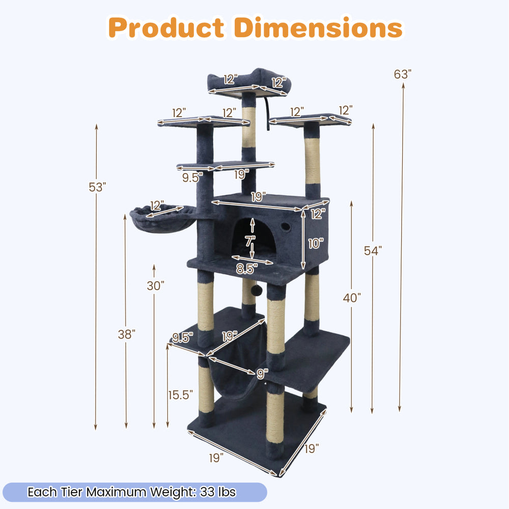 Dimensions of the 63" tall dark gray large cat tree for indoor cats, featuring multiple levels and scratching posts.