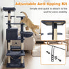 Large dark gray cat tree with adjustable anti-tipping kit, featuring multi-level perches and cozy hammock for indoor.