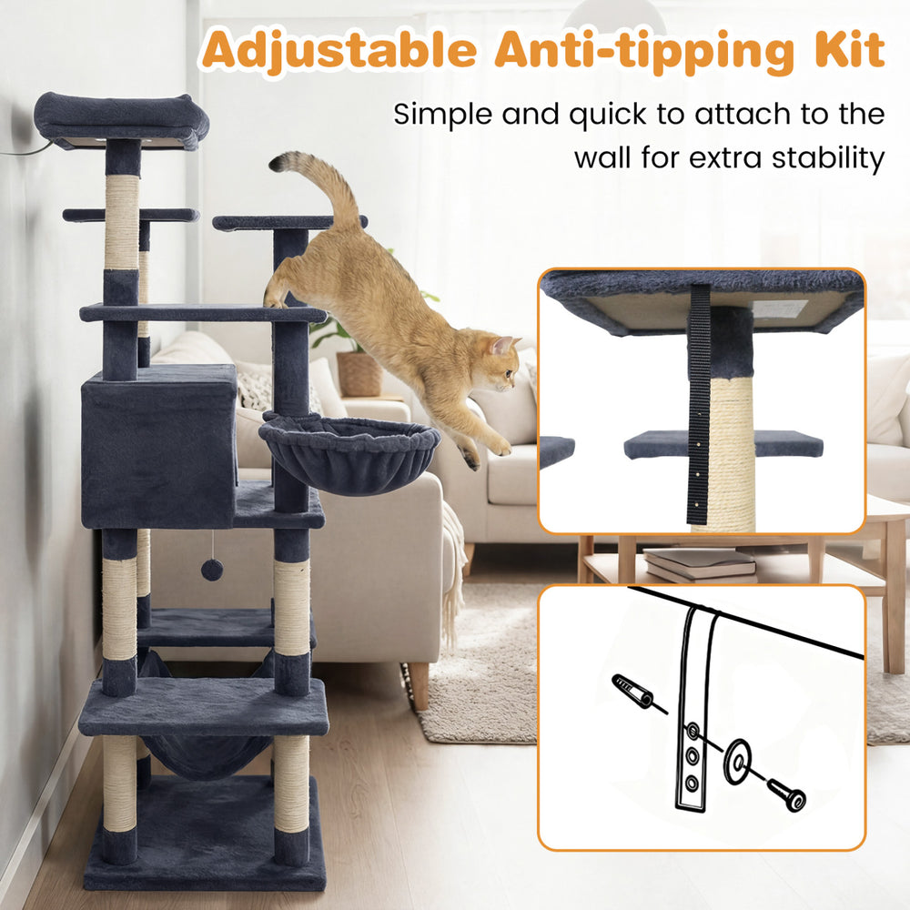 Large dark gray cat tree with adjustable anti-tipping kit, featuring multi-level perches and cozy hammock for indoor.