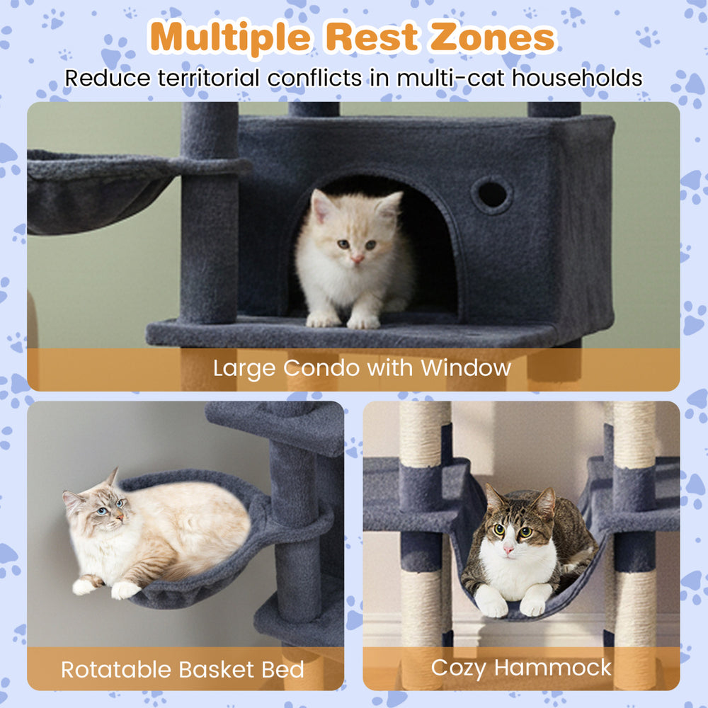 Large cat tree with dark gray plush fabric, featuring a large condo, rotatable basket bed, and cozy hammock for indoor.