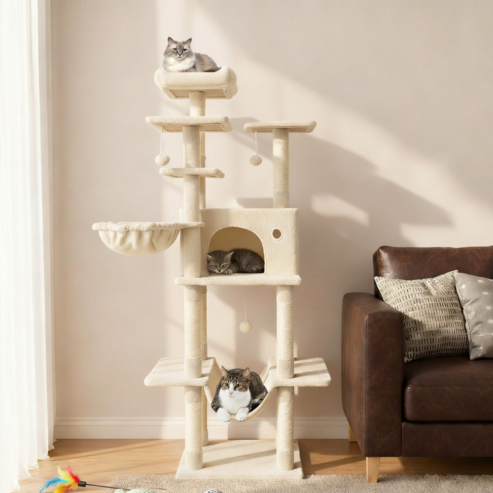 Large Cat Tree for Indoor Cats 63" Tall Cat Tower-Beige - Gallery View 1 of 10