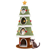 Large Christmas cat tree with 4 condos, green design, and playful star toys for indoor cats' fun and comfort.
