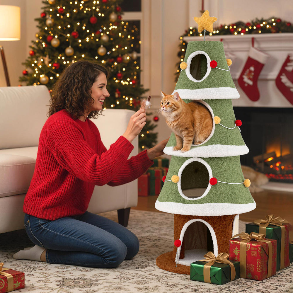 Large Christmas cat tree with 4 condos in green, featuring a star toy and festive decorations for indoor cats.