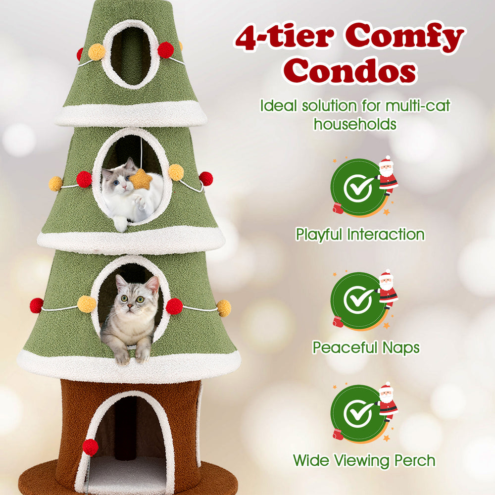Large 61-inch green Christmas cat tree with 4 comfy condos, ideal for playful interaction and peaceful naps.