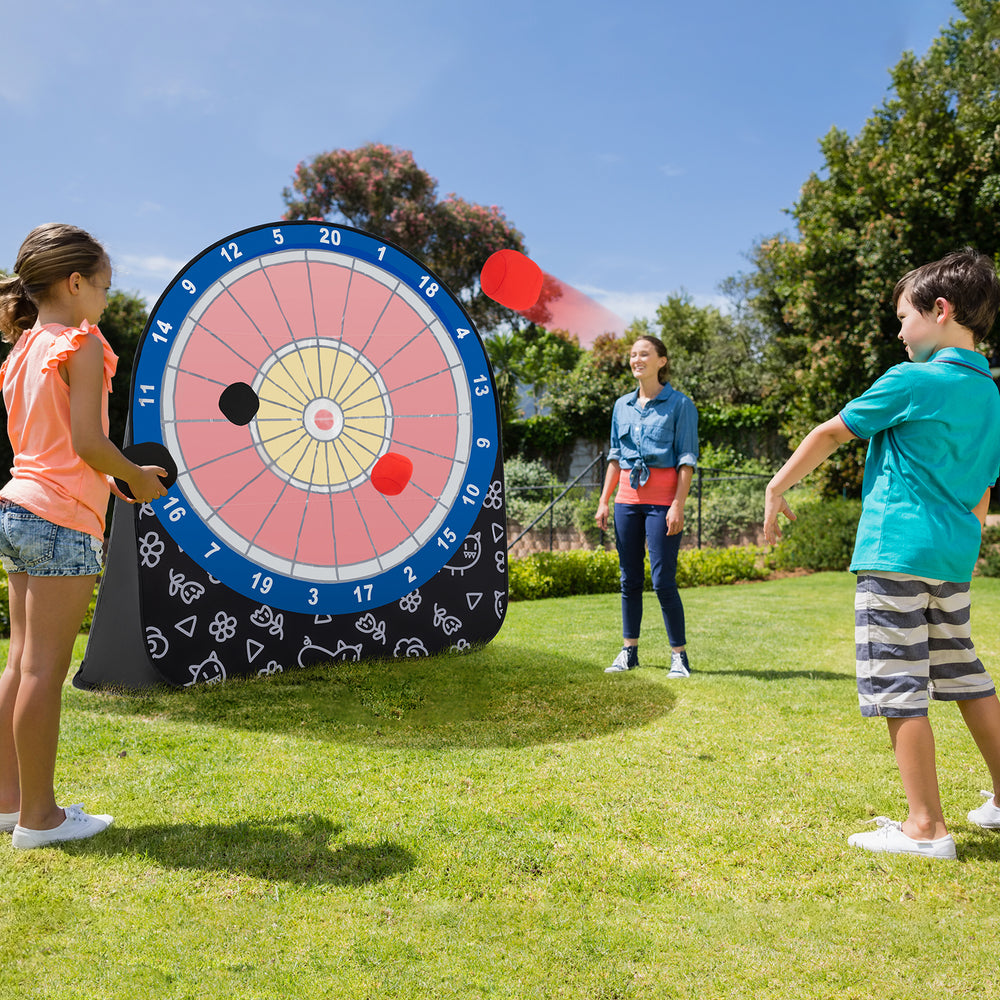 Large dart board for kids with 4 kick balls, portable design for outdoor fun at yard gatherings and parties.