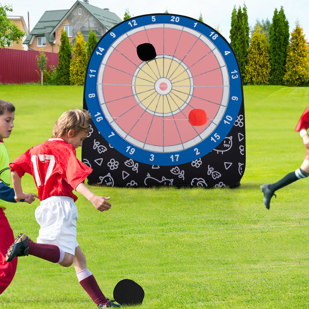 Large dart board for kids with 4 kick balls, portable design for outdoor fun at yard gatherings and picnics.
