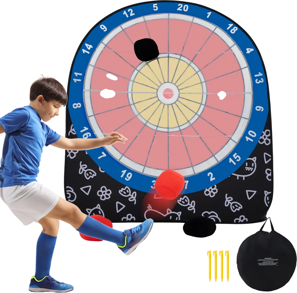 Large portable dart board for kids with 4 sticky kick balls, perfect for outdoor games and family fun.