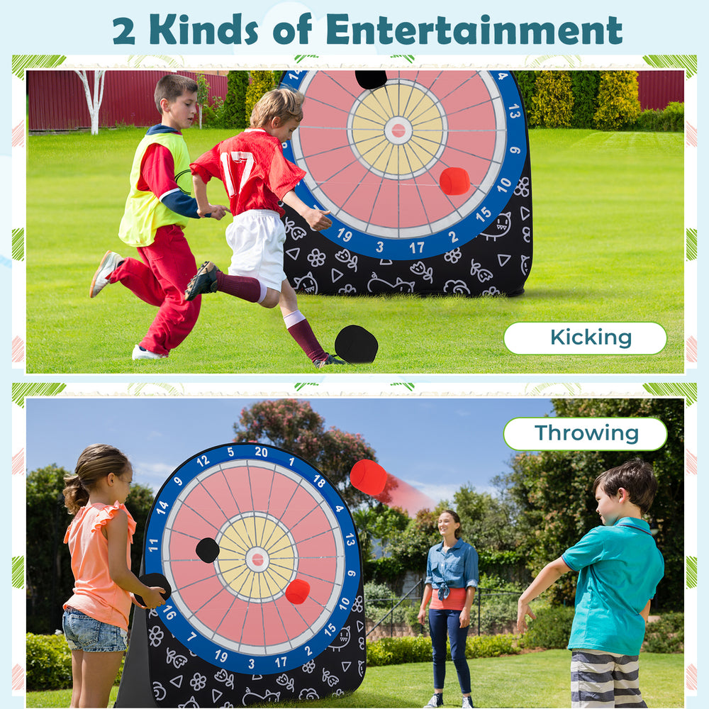 Large black dart board for kids with 4 kick balls, designed for throwing and kicking games at outdoor gatherings.