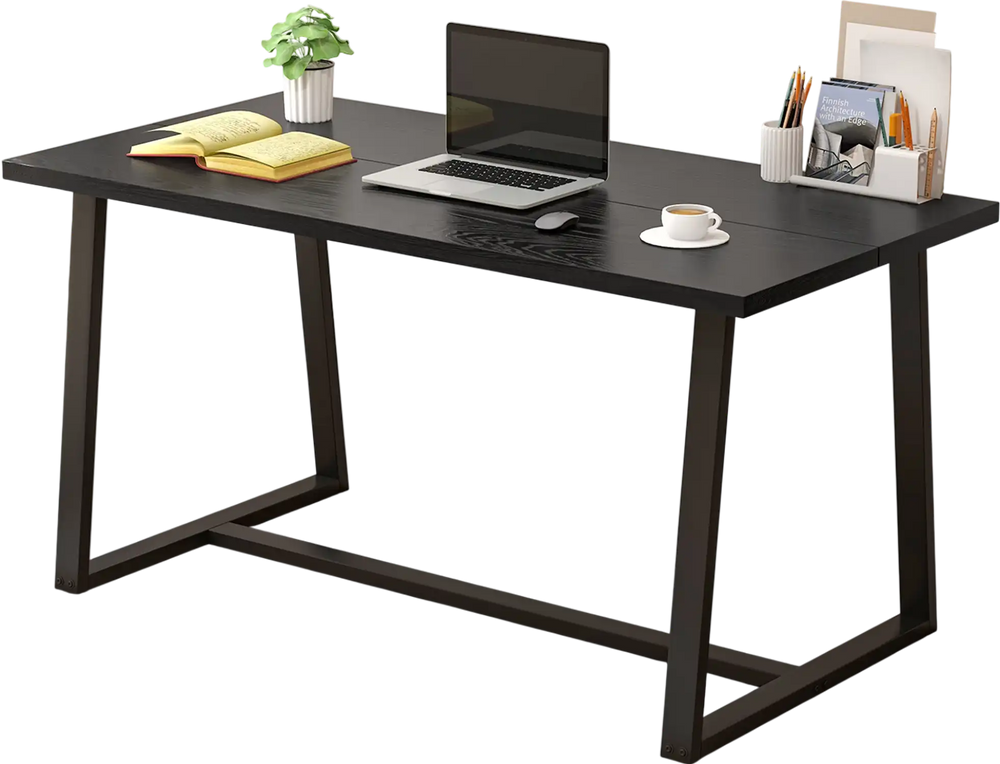 Large black dining table with heavy-duty metal frame, ideal for 4-6 people, suitable for dining or office use.