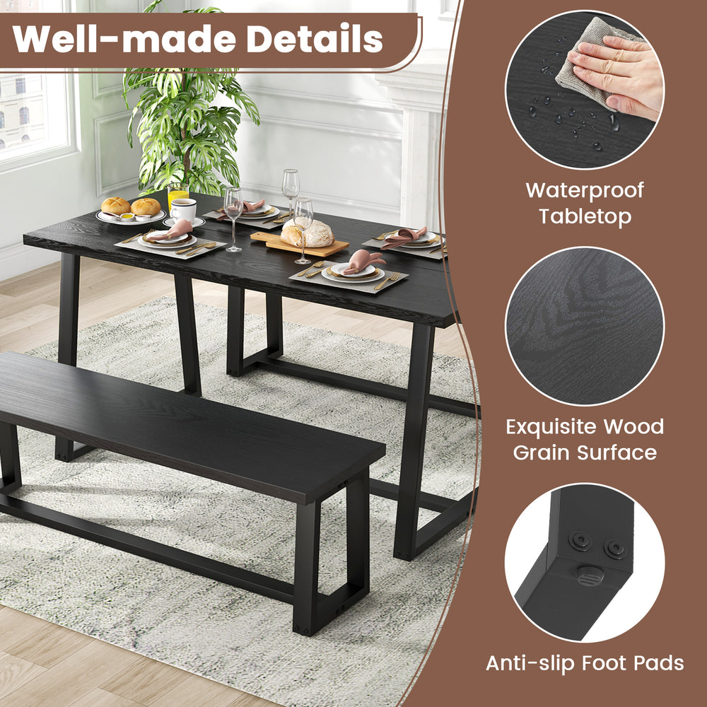 Large black dining table with waterproof surface, heavy-duty metal frame, and anti-slip foot pads for stability.