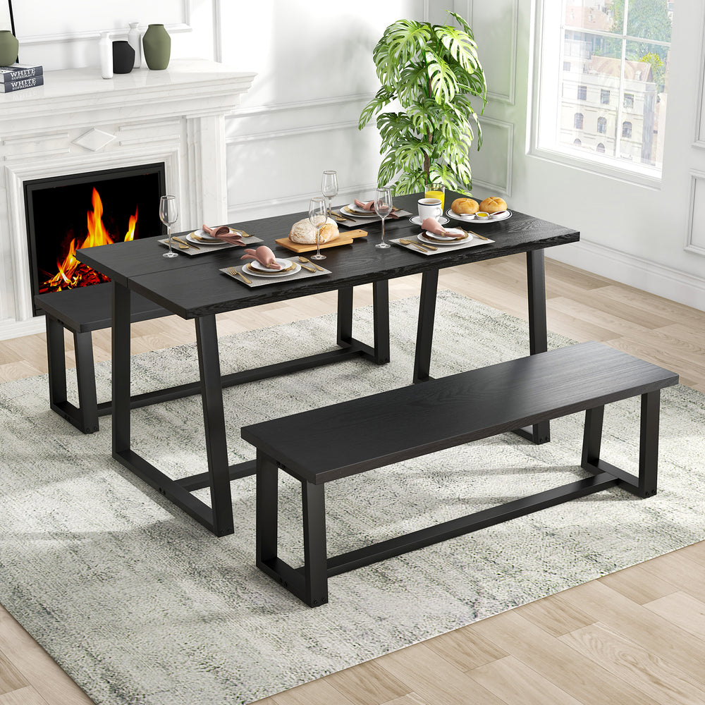 Large black dining table with heavy-duty metal frame, suitable for 4-6 people, ideal for dining rooms or offices.