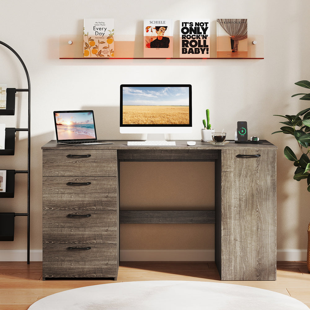 53-inch gray computer desk with 4 storage drawers, power outlets, and adjustable shelf for an organized workspace.
