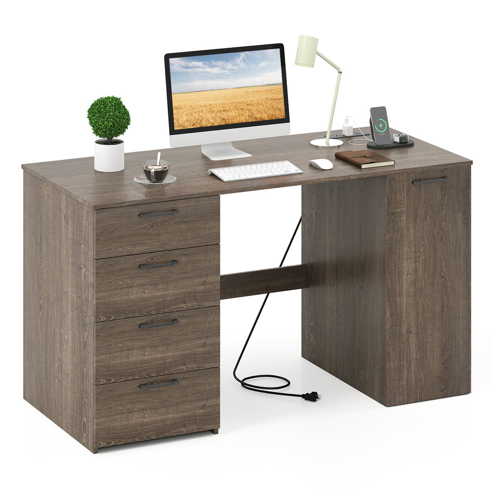 53-inch gray computer desk featuring 4 storage drawers, power outlets, and a spacious tabletop for organized workspace.