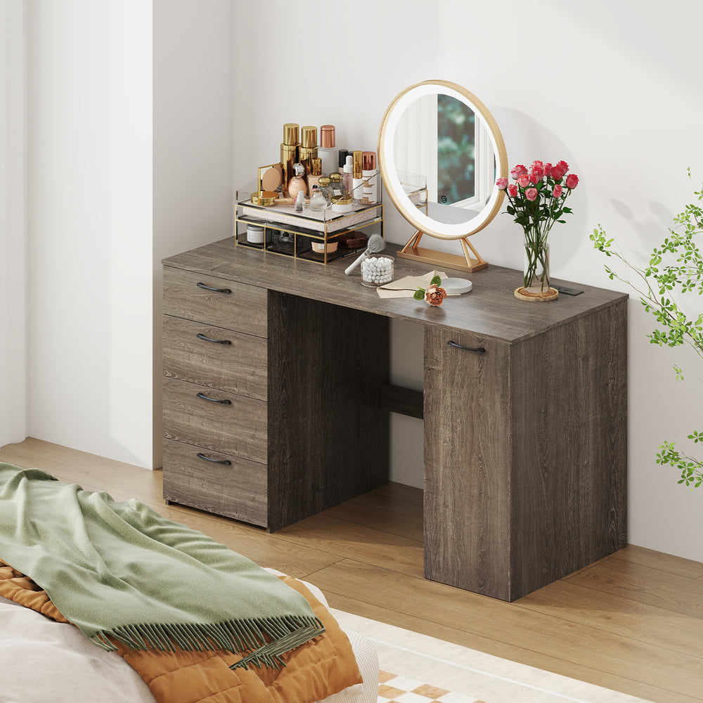 53-inch gray computer desk with 4 storage drawers and power outlets, ideal for an organized workspace.