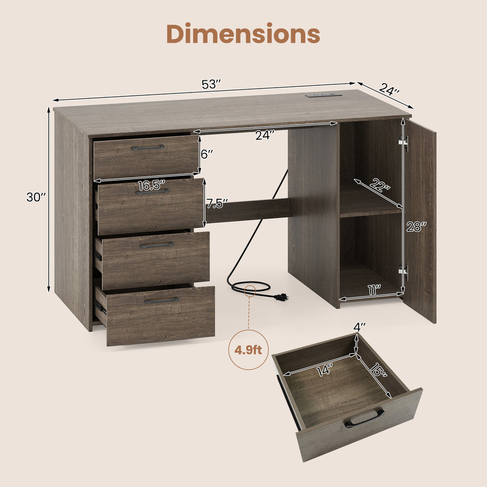 Dimensions of the 53-inch gray computer desk with power outlets and four storage drawers for organized workspace.