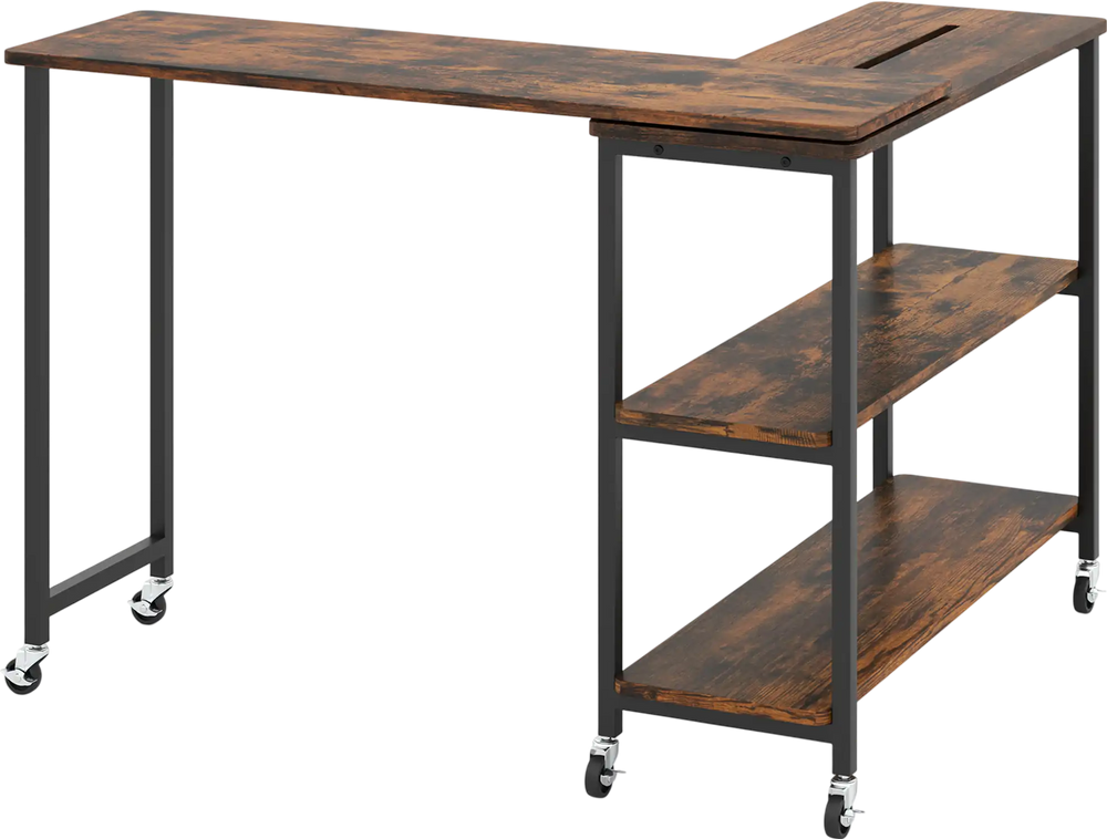 Large rustic brown side table with wheels, 360-degree rotation, and two open shelves for versatile storage and.