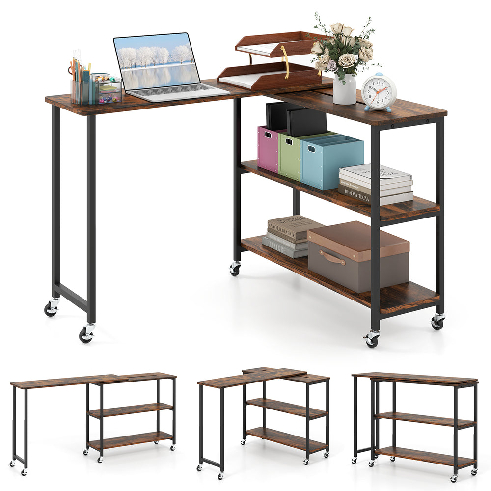 Large 360-degree rotating side table in rustic brown with wheels and 2-tier shelves for versatile storage and easy.