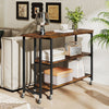 Large 360-degree rotating side table in rustic brown with wheels and 2-tier storage shelves for versatile use.