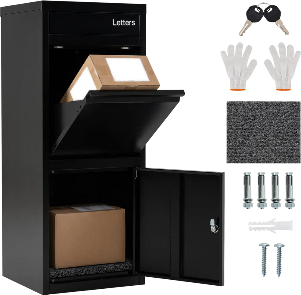Large black galvanized package delivery box with anti-theft design, featuring mail and parcel slots for secure.