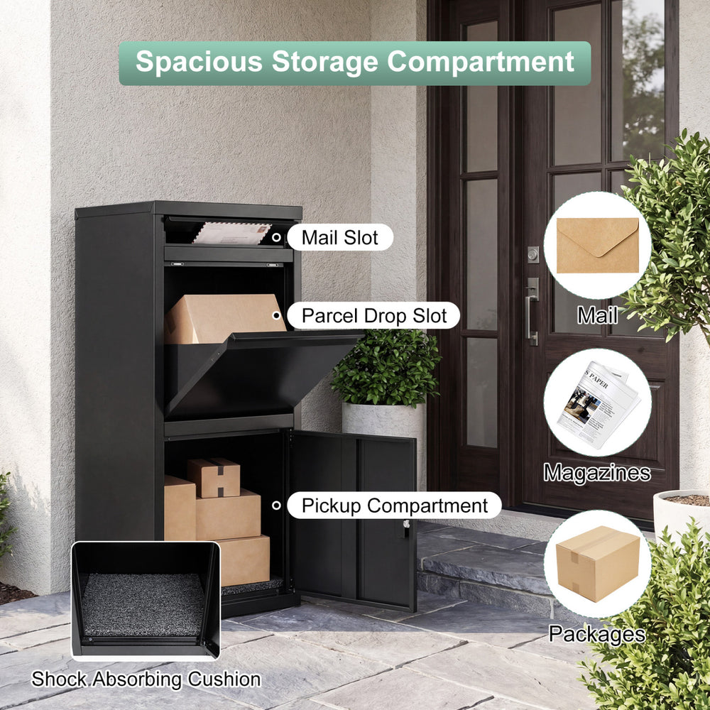 Large black galvanized package delivery box with anti-theft design, featuring mail and parcel drop slots for secure.