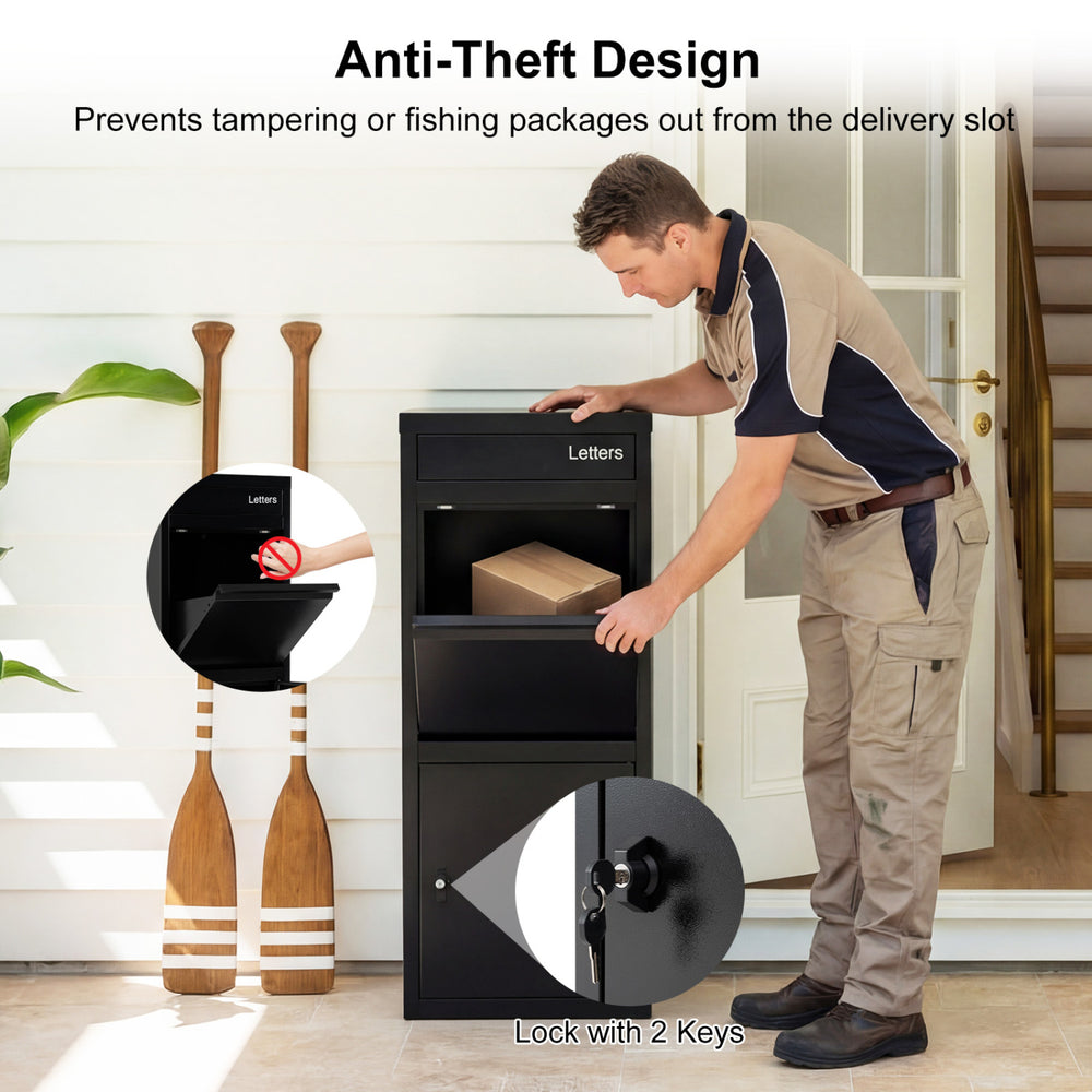 Large black galvanized package delivery box with anti-theft design, featuring a lock and spacious storage for secure.