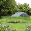 Large metal chicken coop with waterproof cover, featuring sturdy galvanized steel and ample space for various pets.